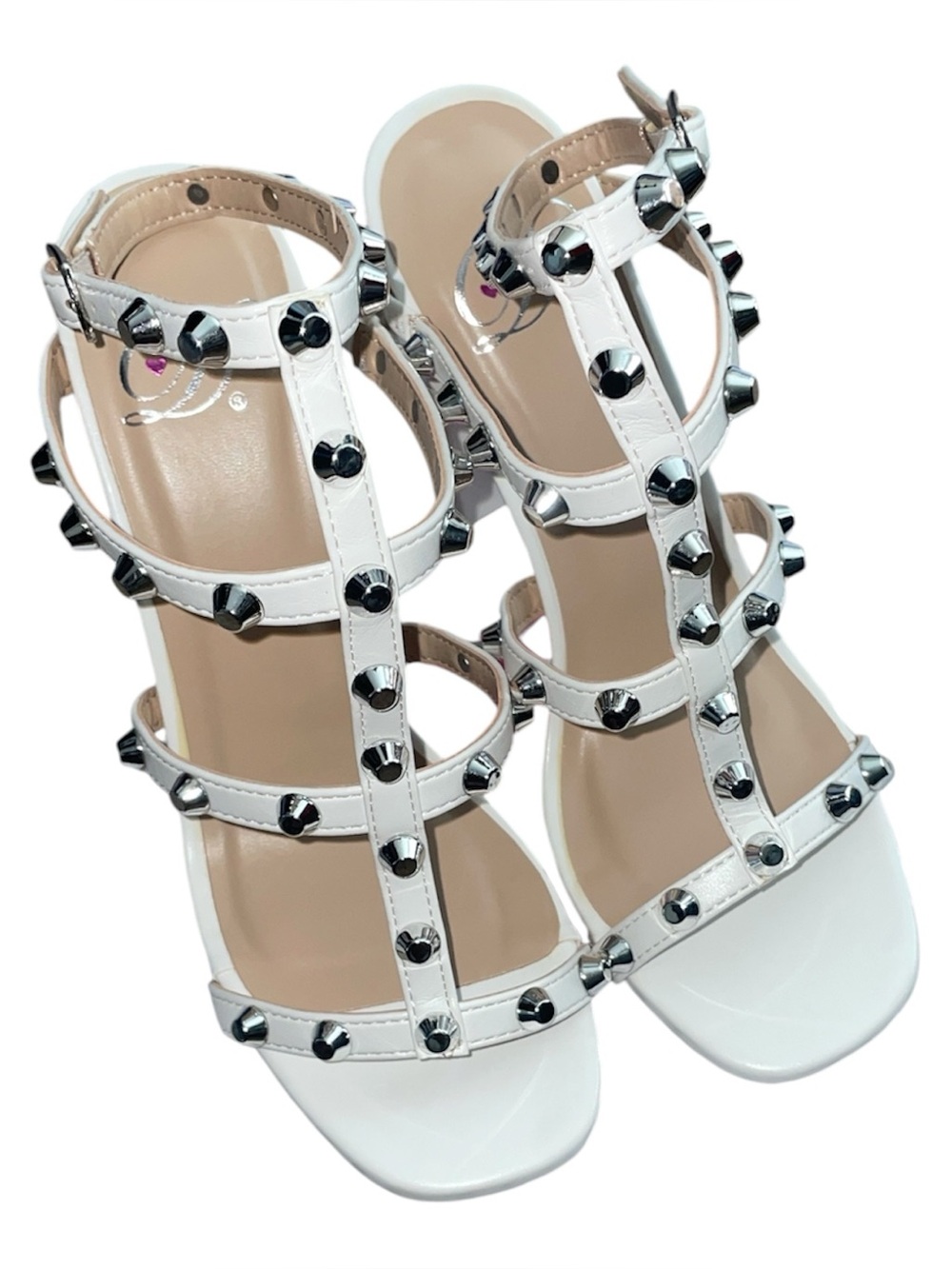 White studded strappy heels